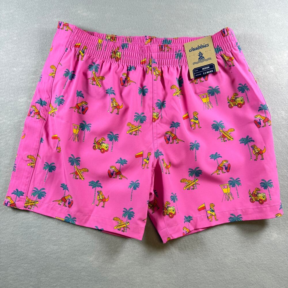 NWT Chubbies The Dino Racers pink tear-away trunks - swim suit funny  bold sz M